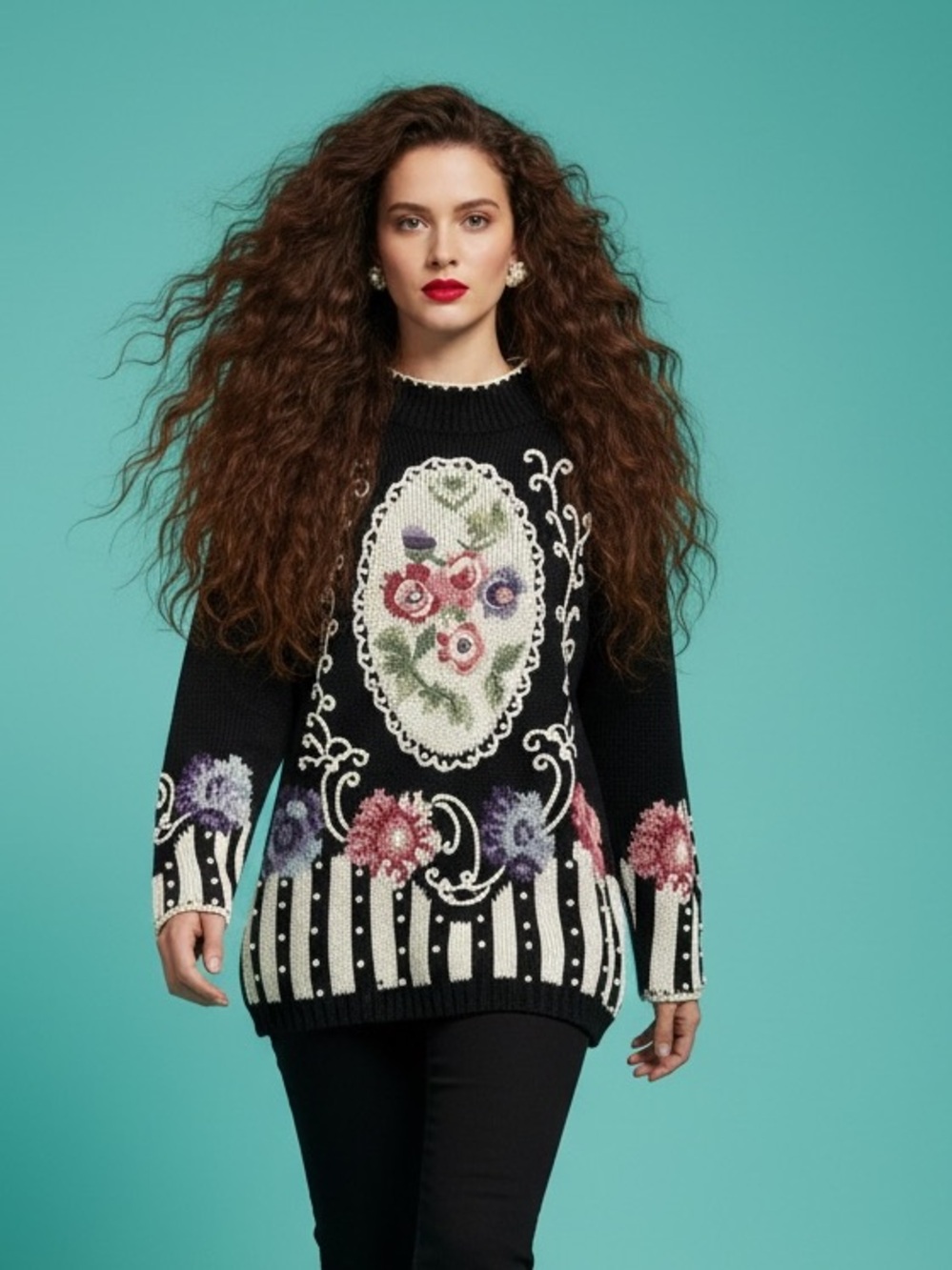 Rebecca Stone VTG Boaz Floral Knit Padded Shoulder Embroidered Sweater Size L